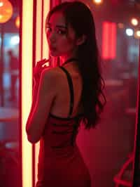 woman wearing (red bodycon dress) with (black suspenders garter straps)  in night club neon lights