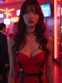 woman wearing (red bodycon dress) with (black suspenders garter straps)  in night club neon lights