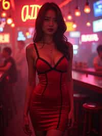 woman wearing (red bodycon dress) with (black suspenders garter straps)  in night club neon lights