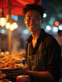 man at a pop-up food market at night, combining the love for street food with nightlife