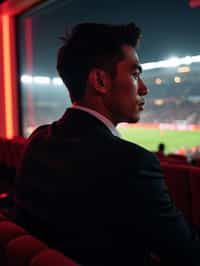 man wearing   black suit in a VIP box at a sporting event at night, capturing the thrill of live sports with nightlife