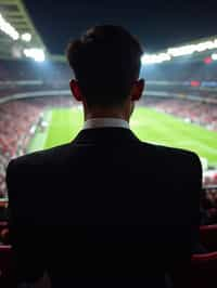 man wearing   black suit in a VIP box at a sporting event at night, capturing the thrill of live sports with nightlife