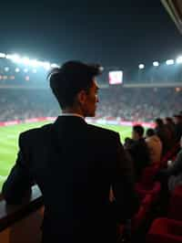 man wearing   black suit in a VIP box at a sporting event at night, capturing the thrill of live sports with nightlife