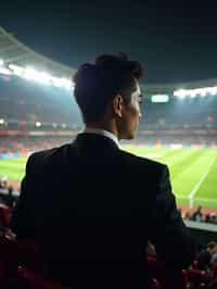 man wearing   black suit in a VIP box at a sporting event at night, capturing the thrill of live sports with nightlife