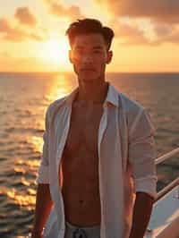 man wearing  shirt and swim shorts at an exclusive yacht party sunset, capturing the essence of luxury and opulence