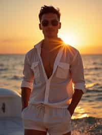 man wearing  shirt and swim shorts at an exclusive yacht party sunset, capturing the essence of luxury and opulence