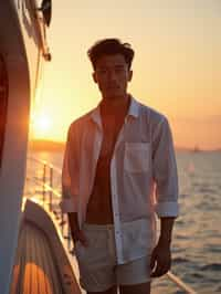 man wearing  shirt and swim shorts at an exclusive yacht party sunset, capturing the essence of luxury and opulence