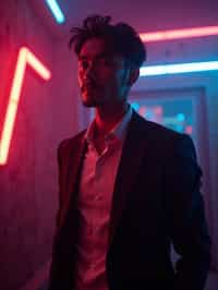 man wearing  smart casual in night club with neon lights