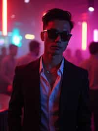 man wearing  smart casual in night club with neon lights