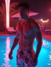 man , fit body in floral silk  swim shorts and shirtless at pool party with neon lights