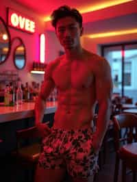 man , fit body in floral silk  swim shorts and shirtless at cocktail bar with neon lights