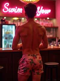 man , fit body in floral silk  swim shorts and shirtless at cocktail bar with neon lights