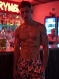 man , fit body in floral silk  swim shorts and shirtless at cocktail bar with neon lights