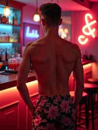 man , fit body in floral silk  swim shorts and shirtless at cocktail bar with neon lights