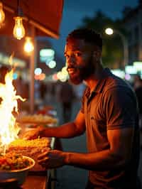 man at a pop-up food market at night, combining the love for street food with nightlife