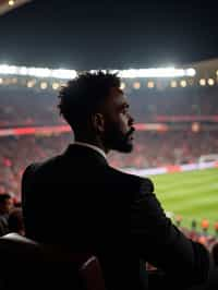 man wearing   black suit in a VIP box at a sporting event at night, capturing the thrill of live sports with nightlife