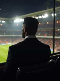 man wearing   black suit in a VIP box at a sporting event at night, capturing the thrill of live sports with nightlife