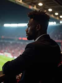 man wearing   black suit in a VIP box at a sporting event at night, capturing the thrill of live sports with nightlife