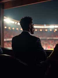 man wearing   black suit in a VIP box at a sporting event at night, capturing the thrill of live sports with nightlife