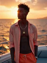 man wearing  shirt and swim shorts at an exclusive yacht party sunset, capturing the essence of luxury and opulence