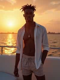 man wearing  shirt and swim shorts at an exclusive yacht party sunset, capturing the essence of luxury and opulence