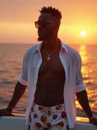 man wearing  shirt and swim shorts at an exclusive yacht party sunset, capturing the essence of luxury and opulence