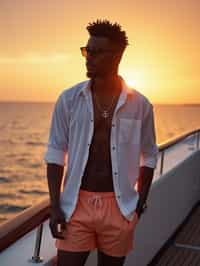 man wearing  shirt and swim shorts at an exclusive yacht party sunset, capturing the essence of luxury and opulence