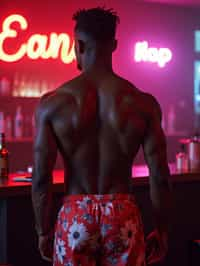 man , fit body in floral silk  swim shorts and shirtless at cocktail bar with neon lights