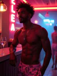 man , fit body in floral silk  swim shorts and shirtless at cocktail bar with neon lights