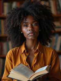 woman surrounded by books or sacred texts