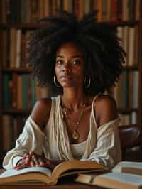 woman surrounded by books or sacred texts