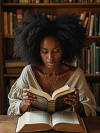 woman surrounded by books or sacred texts