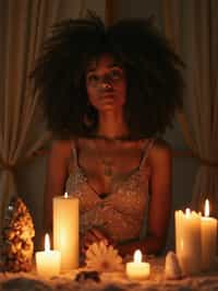 woman in a serene indoor space, surrounded by candles, crystals, and sacred symbols