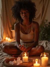 woman in a serene indoor space, surrounded by candles, crystals, and sacred symbols