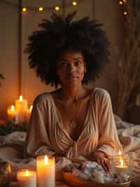 woman in a serene indoor space, surrounded by candles, crystals, and sacred symbols