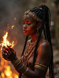 woman engaged in a sacred ritual or ceremony, adorned with symbolic attire