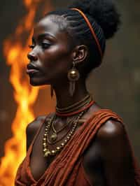 woman engaged in a sacred ritual or ceremony, adorned with symbolic attire