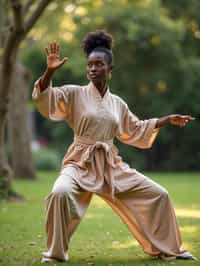 woman practicing Tai Chi in a serene garden