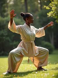 woman practicing Tai Chi in a serene garden