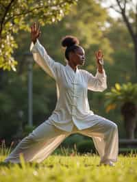 woman practicing Tai Chi in a serene garden