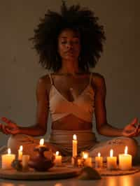 woman practicing mindfulness surrounded by candles or incense