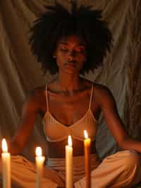 woman practicing mindfulness surrounded by candles or incense