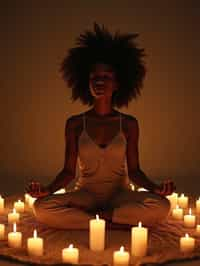 woman practicing mindfulness surrounded by candles or incense