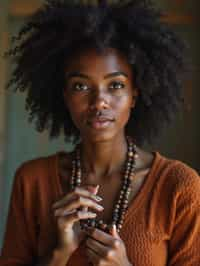 woman holding prayer beads or a sacred object,