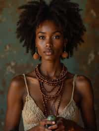 woman holding prayer beads or a sacred object,