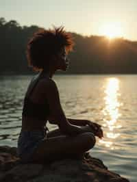 woman in deep contemplation, sitting by a tranquil lake