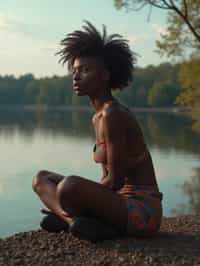 woman in deep contemplation, sitting by a tranquil lake