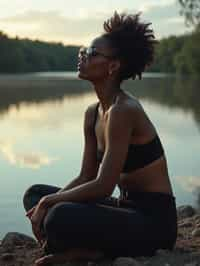 woman in deep contemplation, sitting by a tranquil lake