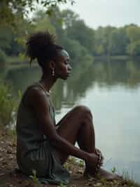 woman in deep contemplation, sitting by a tranquil lake