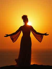 a spiritual seeker woman standing with outstretched armsat sunrise